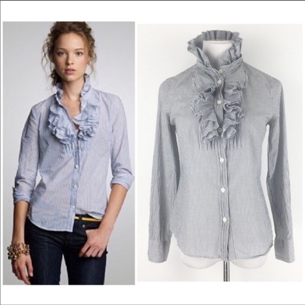 J. Crew Frances Stripe Ruffled Tuxedo Shirt